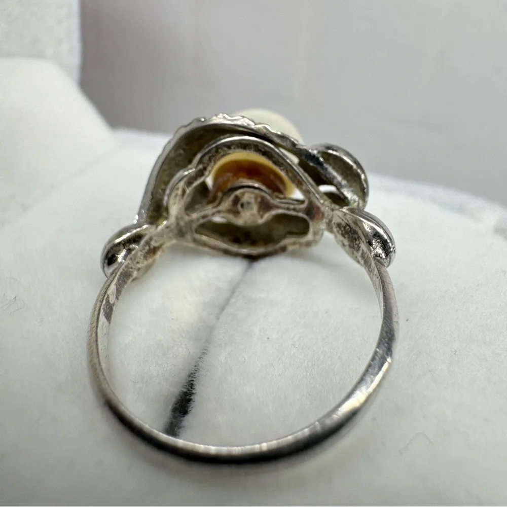 Cultured Pearl 925 Sterling Silver Ring Art Deco Size 5.75